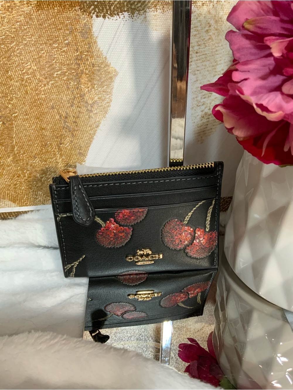 Coach Black Leather Card Case with Red Cherry Print - Picture 2 of 7
